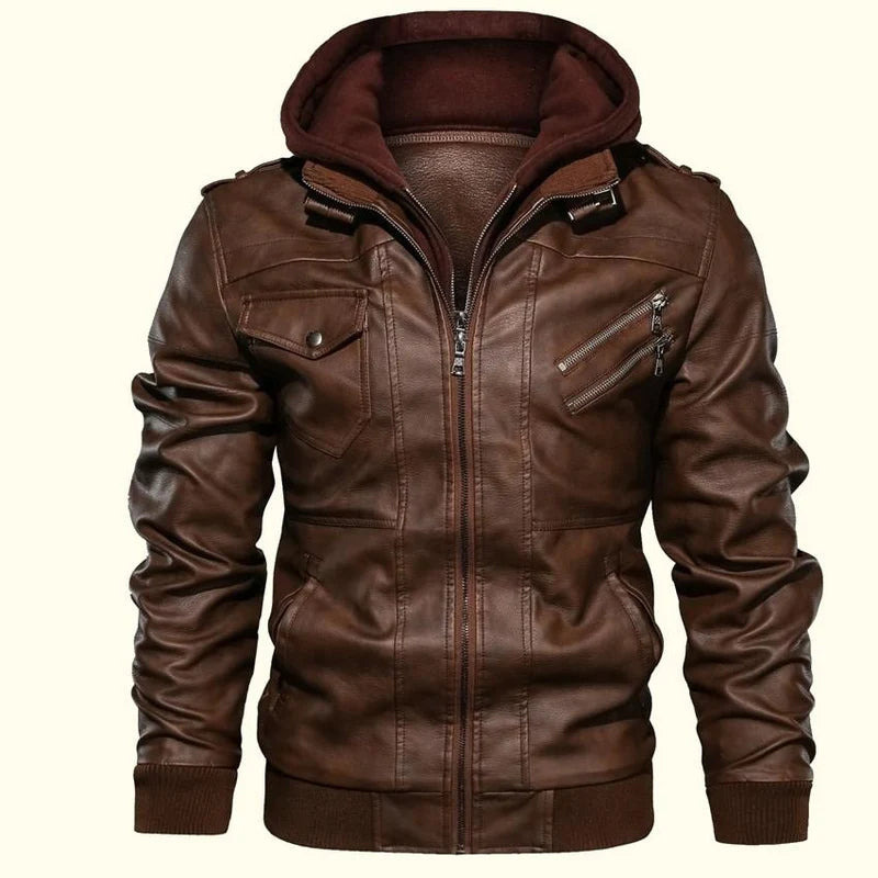 Hooded Leather Jacket Brown - Huberd's Shoe Luxury
