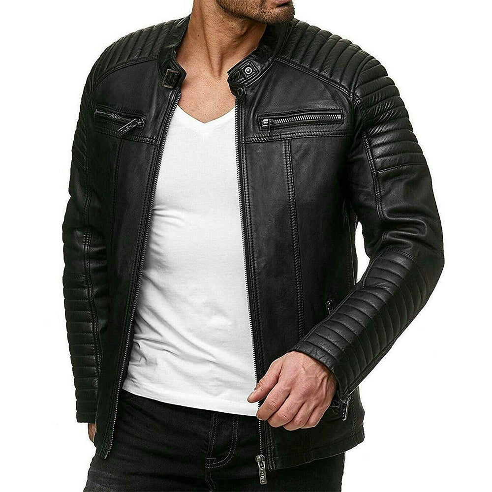 Men’s Vintage Motorcycle Cafe Racer Retro Distressed Leather Jacket
