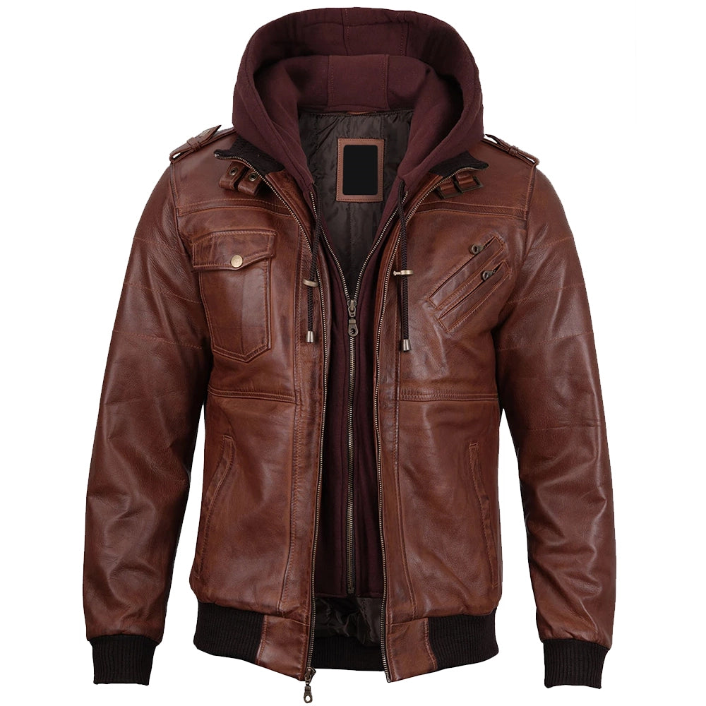 Mens Brown Real Leather Jacket with Detachable Hood