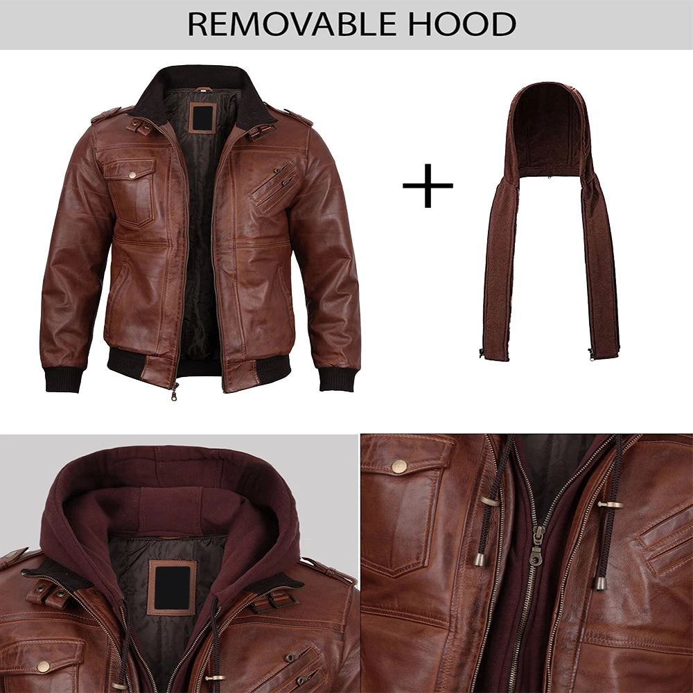 Mens Brown Real Leather Jacket with Detachable Hood