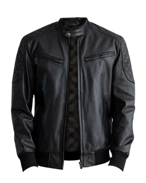 Casual Black Leather Bomber Jacket