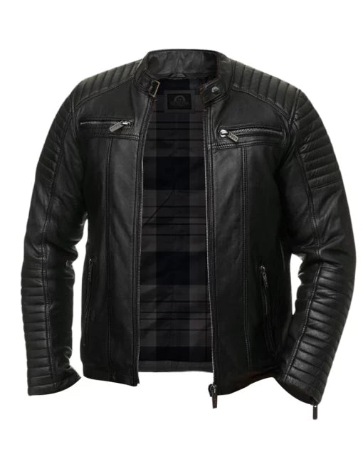 Men Quilted Biker Black Jacket