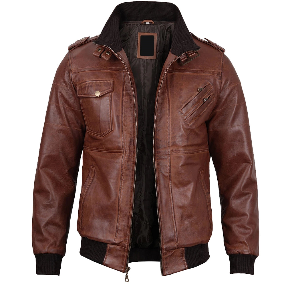 Mens Brown Real Leather Jacket with Detachable Hood