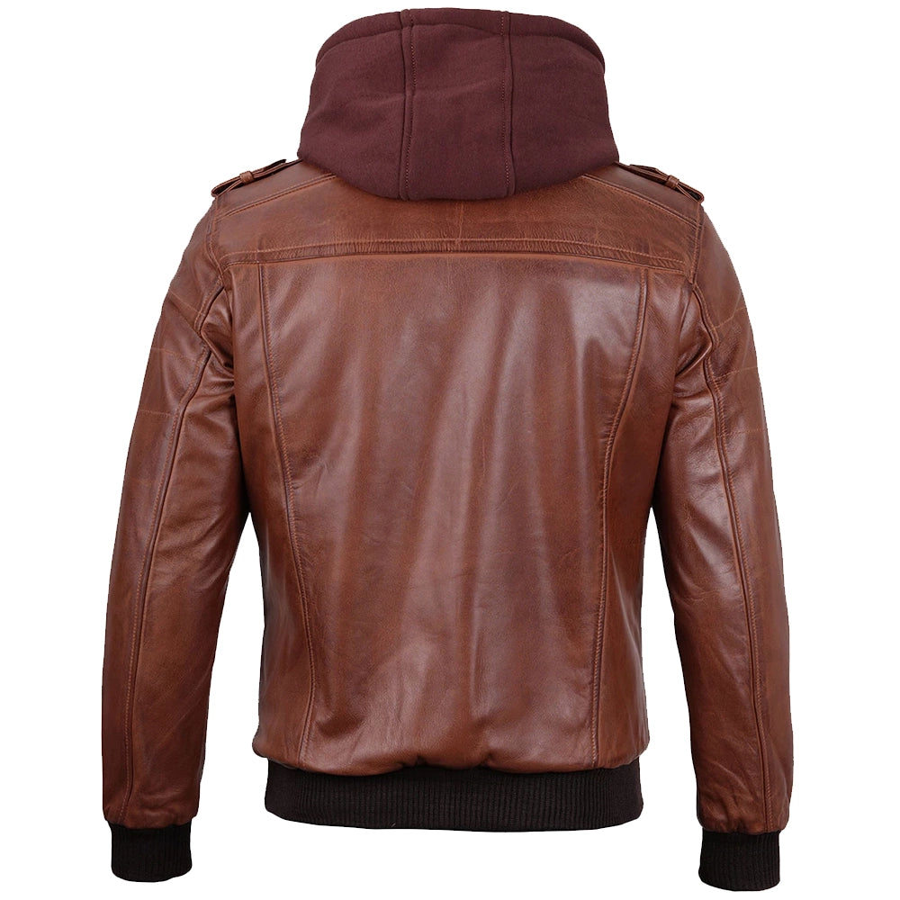 Mens Brown Real Leather Jacket with Detachable Hood