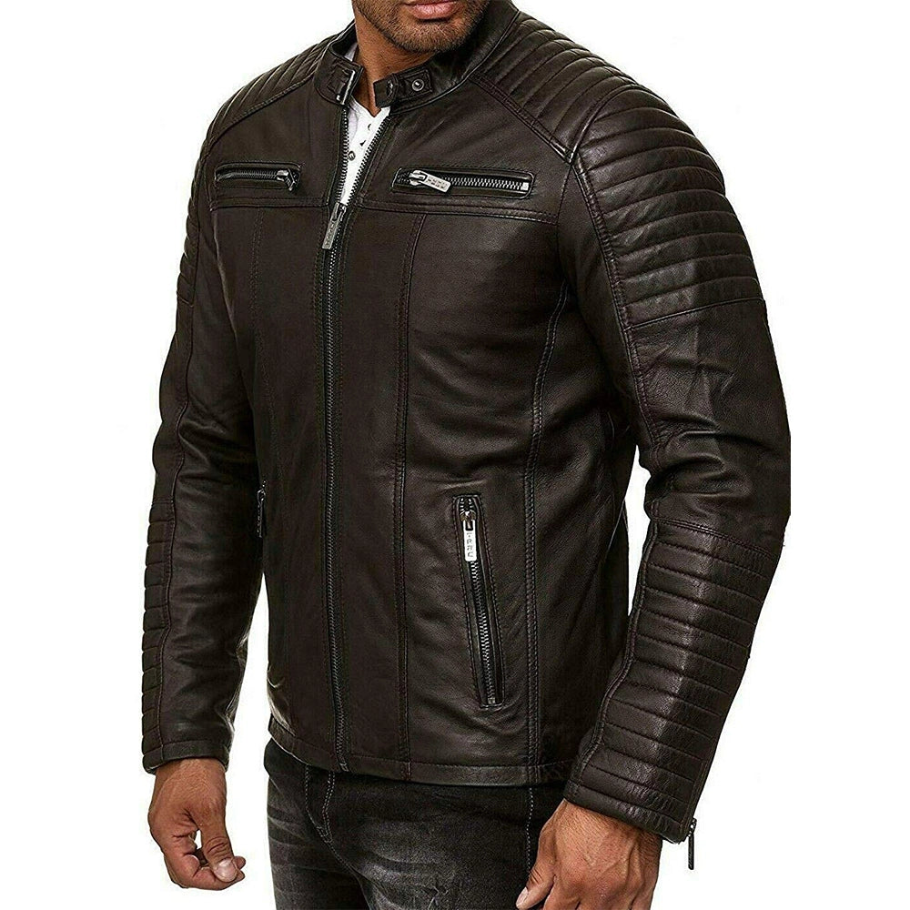Men’s Vintage Motorcycle Cafe Racer Retro Distressed Leather Jacket