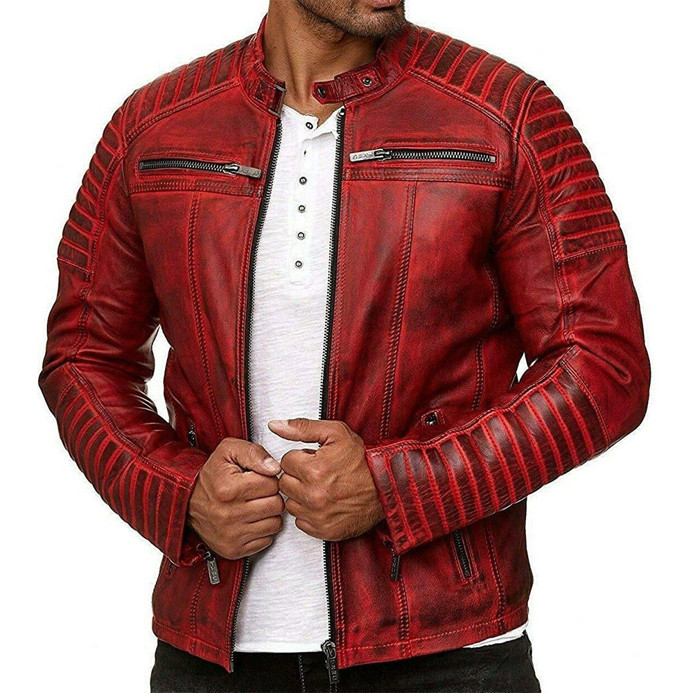 Men’s Vintage Motorcycle Cafe Racer Retro Distressed Leather Jacket