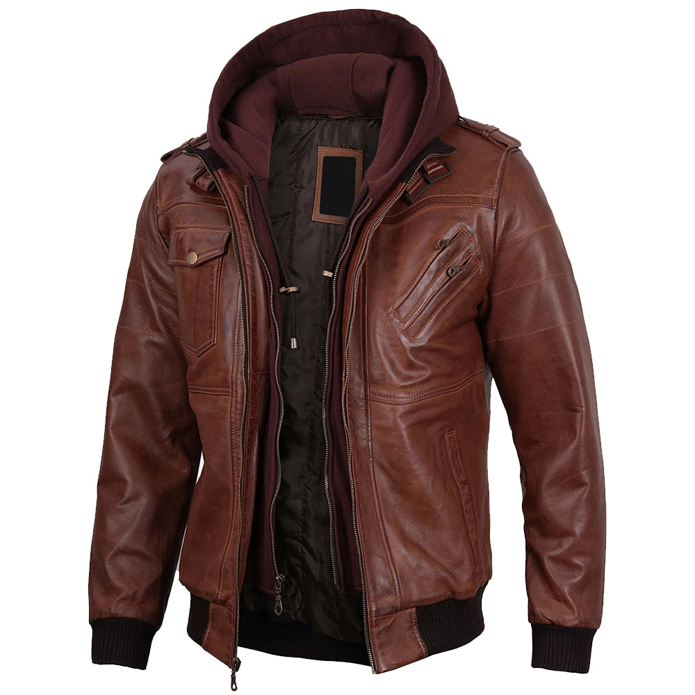 Mens Brown Real Leather Jacket with Detachable Hood